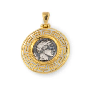 Goddess Athena & Owl Coin Silver Golden Pendant, Ancient Greek Coin Pendant - Picture 1 of 4