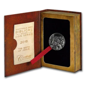 2016 The Birth Of Jesus - Nativity 2 OZ Antiqued Silber Münze Biblische Series - Bild 1 von 7