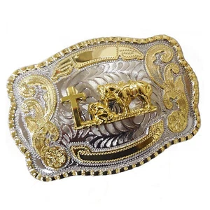 MEN CROSS PRAYING ANIMAL LONG HUGE RODEO BIG COWBOY WESTERN SHINE BELT BUCKLE - Picture 1 of 4