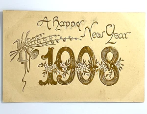 1908 - Happy New Year -Embossed Gold & Ivory Lily of Valley Unposted Postcard - Picture 1 of 2