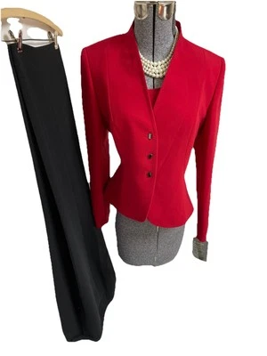 NEW $300 Tahari ASL Pant Suit Size 10 Fits Like 8 Three Piece Set Fire Red Black - Image 1 of 4