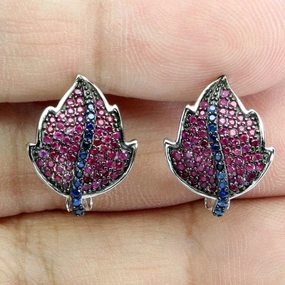 Pendientes de plata de ley 925 rubí Myanmar redondo corte diamante zafiro piedras preciosas Foto 1 de 4