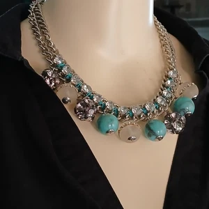 Ann Taylor Loft Fashion Necklace Blue, Clear, & Rhinestone Baubles Statement - Picture 1 of 15