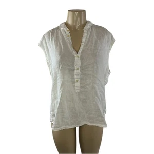 Top de lino CP Shades Patti blanco botón frontal cuello popover costero tranquilo lujo - Imagen 1 de 8