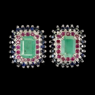 925 Sterling Silver Earrings Octagon Emerald 6x4mm Ruby Sapphire Gemstone - Image 1 of 4