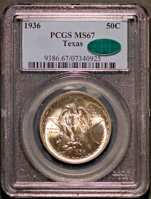 CAC 1936 50c Silver Texas Half-dollar MS 67 PCGS # 07340925 + Bonus - Image 1 of 2