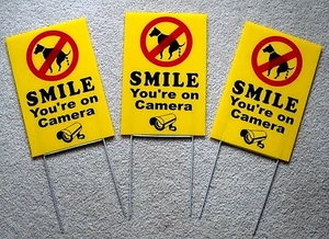 3 NO DOG POOP - SMILE YOU'RE ON CAMERA 8"X12" Plastic Coroplast Signs w/Stakes y - Picture 1 of 1