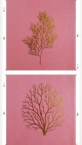 Wall Art Set of 2 Unframed CANVASES, CORAL in 'GOLD' on CORAL COLOR background - Picture 1 of 5