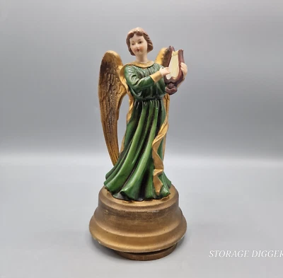 Vintage Porcelain Angel Playing the Harp with Green Dress & Gold Wings 8" AS IS - Image 1 of 4