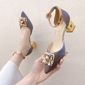High Heels Women Faux Pearl Buckle Square Heel Pumps Pointed Toe Shoes Fashion