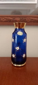 Vintage Bohemia Cobalt Blue Glass Posy Vase Gold Enamel 15cms - Picture 1 of 5