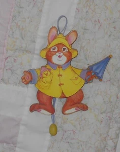 EUC Wood Hanging Wall Puppet Decor Bunny in Yellow & Purple Rain Jacket Umbrella - Picture 1 of 6