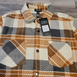 True Religion Polar Fleece Shacket Mens Medium Brown Gray Allover Gometric NWT - Picture 1 of 9