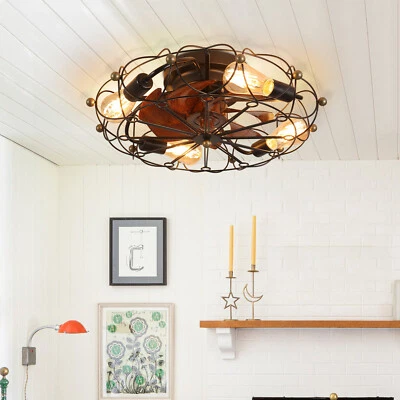 20'' Black LED Ceiling Fan Light Farmhouse Caged Flush Mount With Remote Control - Image 1 of 4