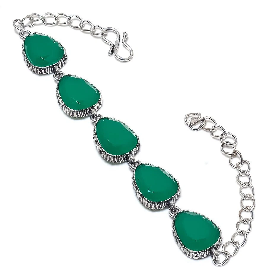 Brazalete de joyería enchapado en plata con piedras preciosas de ónix verde 7-8" Foto 1 de 1