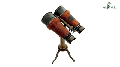Antique Marine Binoculars Brass And Leather Steampunk Nautical with Stand - Image 1 of 3