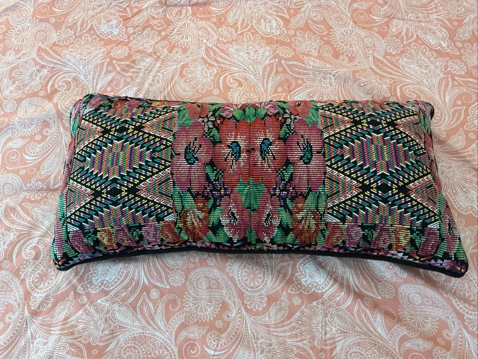Guatemalan Multicolor pinks And Greens florals Long lumbar Bolster pillow - Image 1 of 4