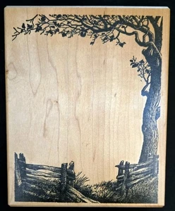 Unmarked Rubber Stamp Tree Wood Broken Fence Large Background Scene RARE - Picture 1 of 2