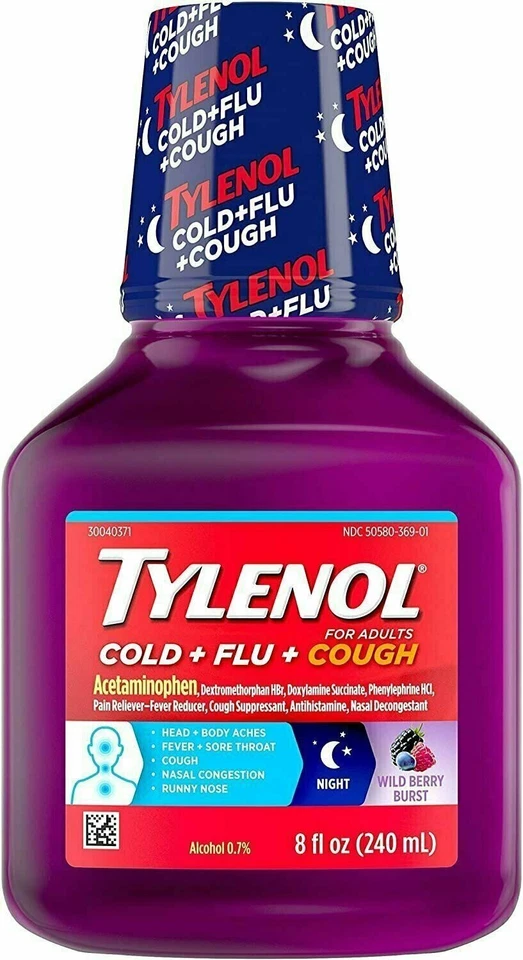 Tylenol Cold Plus Flu & Cough Night Liquid Medicine Wild Berry Burst Flavor 8 oz - Imagem 1 de 2