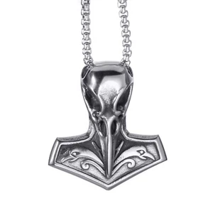 Wikinger Rabe Thors Hammer Krähe Totenkopf Edelstahl Herren Anhänger Halskette Kette - Bild 1 von 8