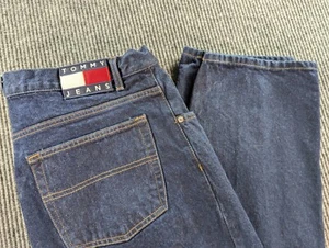 VTG Baggy Tommy Hilfiger Jeans Mens 40x32 Blue Tapered Flag Patch Freedom Y2K - Picture 1 of 15