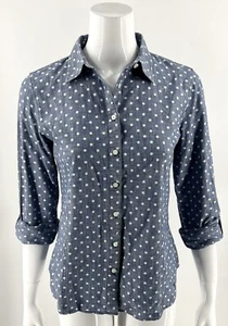 Talbots Chambray Top Sz 6 Blue Polka Dot Cotton Roll Tab Sleeve Button Up Shirt - Picture 1 of 7