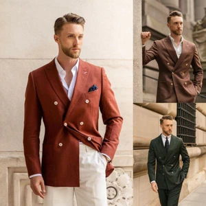 Traje de hombre de lino formal boda novio pico solapa doble botonadura banquete blazer - Imagen 1 de 12
