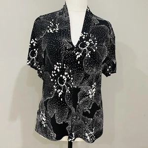STITCHES AUSTRALIA Black Shawl Collar Blouse Size 14 White Floral Print Stretch - Picture 1 of 6