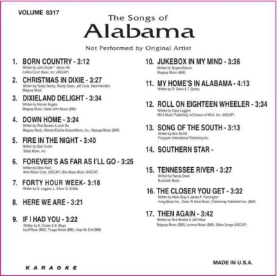Karaoke CD+G 17 TRACKS Backstage #8317 ALABAMA COUNTRY IN ORIGINAL Black Sleeve - Image 1 of 2