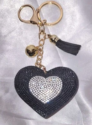 Роскошный двойной сердце сумка подвеска/брелок кожаный кисточкой черный/серебро стразы - Изображение 1 из 4