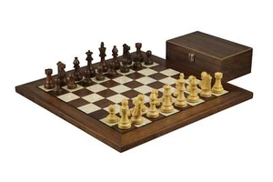 Walnut Chess Set 20 Inch With Helena Mother of Pearl Flat Chess Board and Weight - Picture 1 of 11