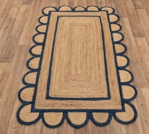 Rug Jute Scallop Blue Border Square Hand Braided Farmhouse Jute Area Rug - Picture 1 of 5