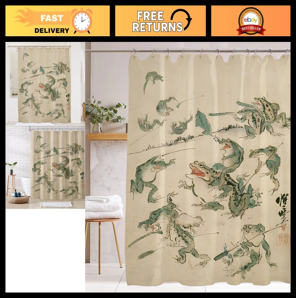Divertida Cortina de Ducha Rana - Decoración de Baño Retro Japonesa, Impermeable 72x72, 12 Foto 1 de 4