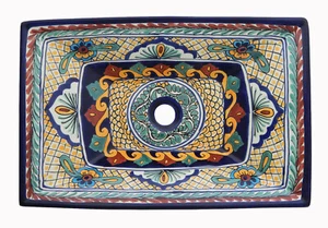 Mexican Talavera Rectangular Ceramic Bathroom Sink Vessel Bowl Handpainted # 05 - Picture 1 of 3