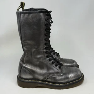 Dr Doc Martens 10183 Combat Boots Womens 7 Silver 14 Eyelet Zip Lace Up Goth - Afbeelding 1 van 15
