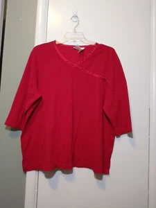 Just My Size Knit Top 22W 3X Red Satin Trim Casual Office Travel Party Vacation - Picture 1 of 6