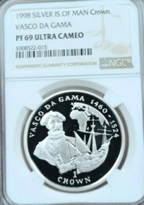 1998 ISLE OF MAN SILVER 1 CROWN VASCO DE GAMA NGC PF 69 ULTRA CAMEO TOP POP - Picture 1 of 3