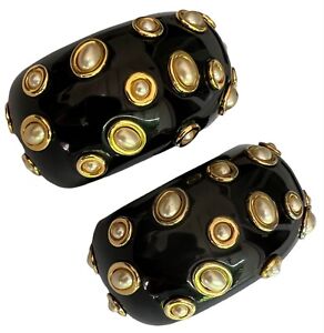 Kenneth Jay LANE KJL Cuffs Pair 2 Resin Bracelet Pearl Black Open Vintage
