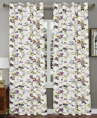 2pc Cotton Linen curtains -luxury Purple floral pattern on white -wide, 7 ft  - Image 1 of 4