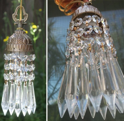 PAIR of 10" Vintage Deco Cast spelter SWAG lamp Chandelier crystal prism - Image 1 of 4