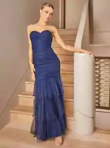 Chi Chi London Bandeau Tulle Bodycon Maxi Dress in Navy Size UK 10 BNWT - Picture 1 of 16