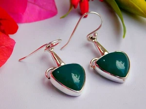 925 Sterling Silver Artisan Solid Silver Trillion Green Onyx Earrings - Picture 1 of 6