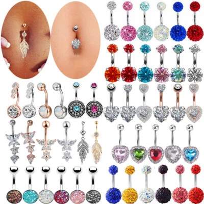Navel Belly Button Ring Crystal Flower Dangle Bar Barbell Body Piercing Jewelry✿ - Image 1 of 4