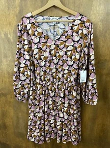 Nine West Dress Sz XL Pink Brown Floral Long Sleeve Flowy Boho Tunic V Neck NEW - Picture 1 of 10