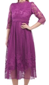 DALIA MACPHEE Women Elbow Sleeve 3/4 MAGENTA purple Floral Lace Midi Dress NWT - Picture 1 of 8