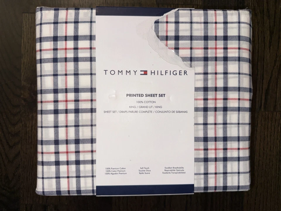 Nuevo- Juego de sábanas Tommy Hilfiger King en azul marino y rojo a cuadros 100 % algodón Foto 1 de 2