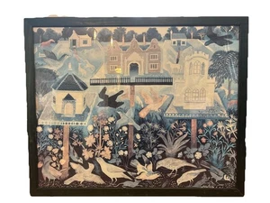 Volkskunst/Primitive ANNA PUGH signierte Vogeltische GROß Passepartout und gerahmter Druck - Bild 1 von 7