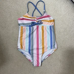 Girls Swimsuit Size 7/8 – One Piece Striped Rainbow Crossback Bathing Suit - Picture 1 of 6