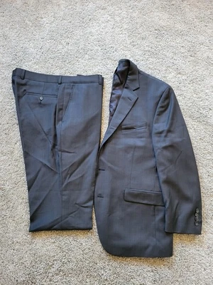 KENNETH COLE Two Piece 100% Wool Suit Men 42 S 36x27 Navy Blue Windowpane Check - Image 1 of 4