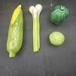 Vtg Realistic Fruit Full Sz Ceramic Set of 4 Corn Asparagus Pepper Lime EUC - Picture 1 of 7